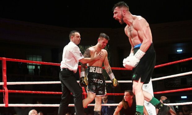 Louis Greene celebrates after stopping Dean Sutherland in the fifth round. Image: Chris Sumner/ DC Thomson.