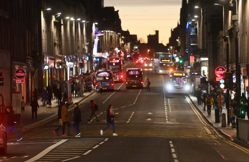 The future of Union Street is no longer pedestrian.  Buses and taxis are allowed to return to the central section.  Image: Chris Sumner/DC Thomson.