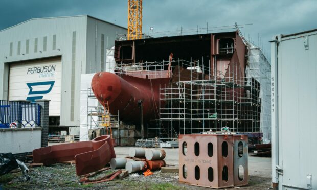 Hull 802 is one of the two ferries ordered by Cmal under construction in Port Glasgow. They are £200m over budget and five years late. Image: Andrew Cawley.