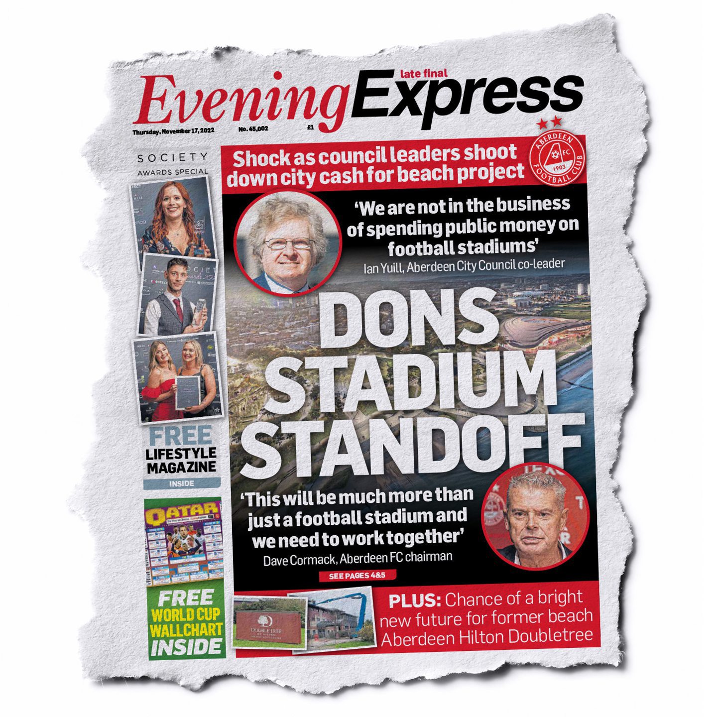 Today's Evening Express splashed the rising tensions between Aberdeen City Council and Aberdeen FC on funding for the new beach stadium. Image: Clarke Cooper/DC Thomson.