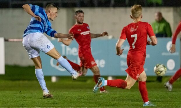 Lachie MacLeod, left, scores Banks o' Dee's stoppage time equaliser against Brora Rangers