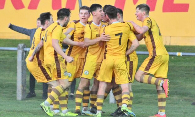 The Forres players celebrate Ben Barron's goal against Fraserburgh. Image: Jason Hedges/ DC Thomson.