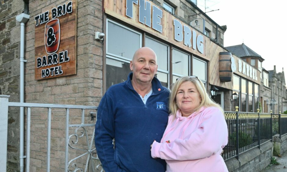 Jim and Rosslyn Sutherland outside the Brig & Barrel hotel in Buckie.