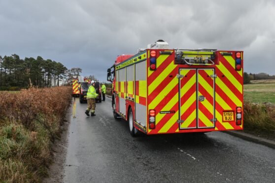 Emergency services at the scene of a two-car crash on the B9101. Image: DC Thomson.