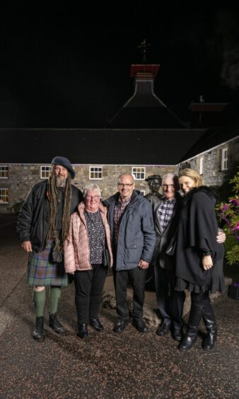 Outside the distillery Andy Fairgrieve, William Grant and Sons; Ian and Pat MacDonald; Dennis McBain, retired Coppersmith WGS, Kirsten Grant Meikle, director WGS.