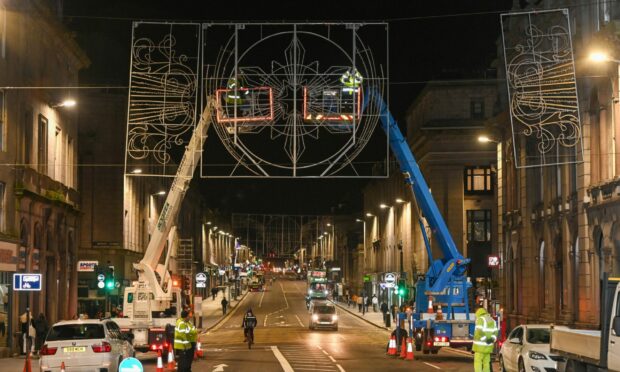 The first Christmas lights on Union Street  have been put up. Image: Kenny Elrick/ DC Thomson.