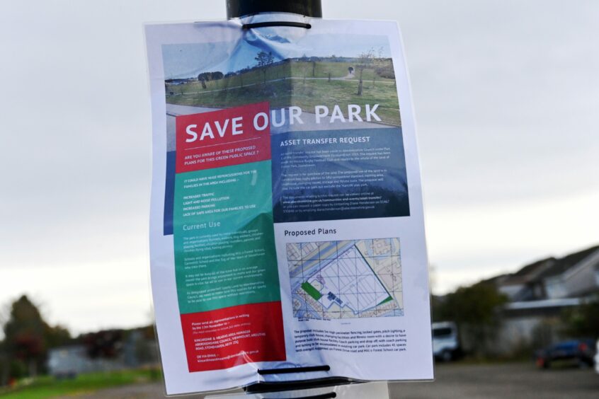 The Save Forest Drive Park group placed flyers around the park to spread the word about the asset transfer and their campaign to stop it. Image: Kath Flannery/DC Thomson