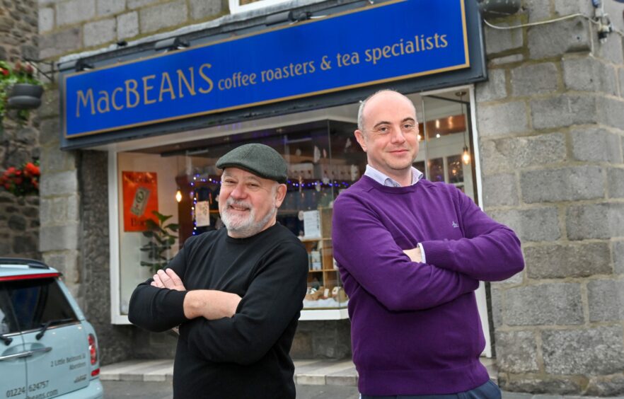 Ian and Brian outside MacBeans in Aberdeen.