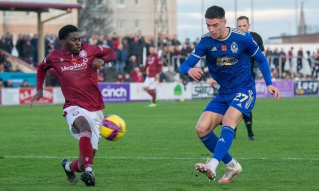 Cove Rangers defender Max Johnston in action against Arbroath. Image: Kami Thomson/DC Thomson