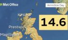 Map showing Kinloss was 14.6 degrees last night