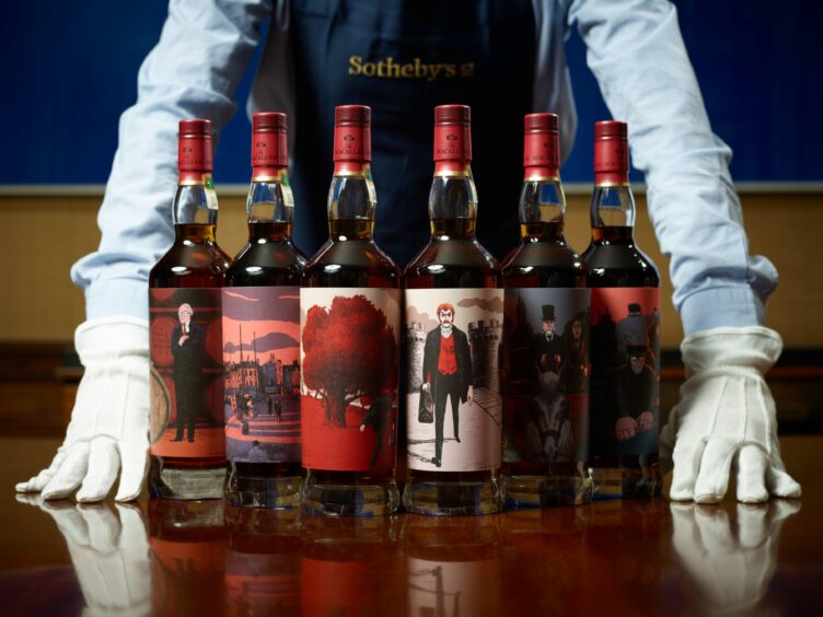 Bottles of Macallan Red with labels painted by Javi Aznarez lat auction at Sotheby's
