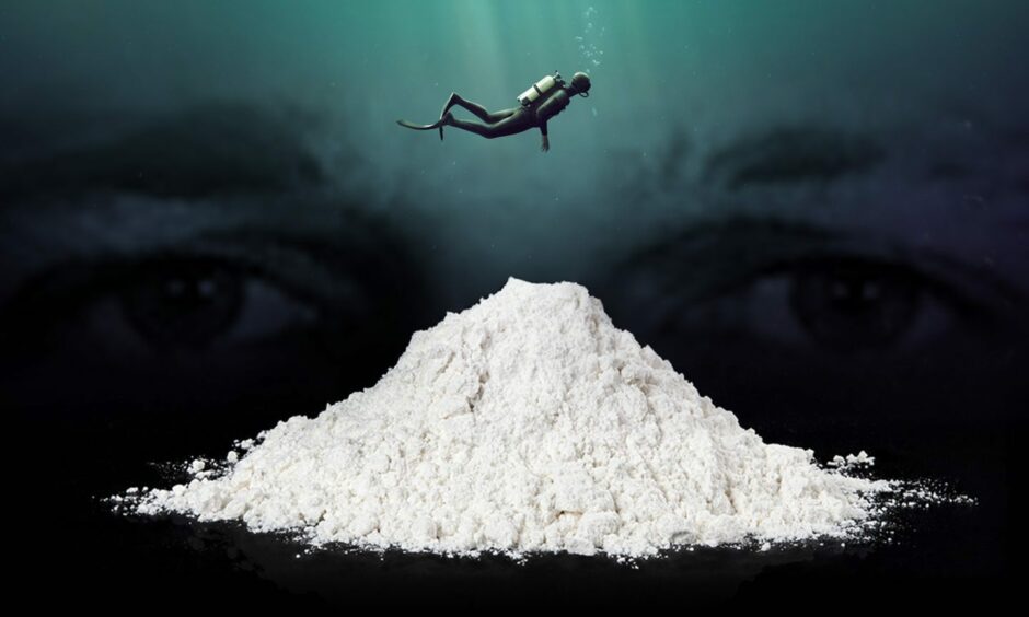 A diver swimming through the ocean above a pile of cocaine with the eyes of Julian Chisholm in the background