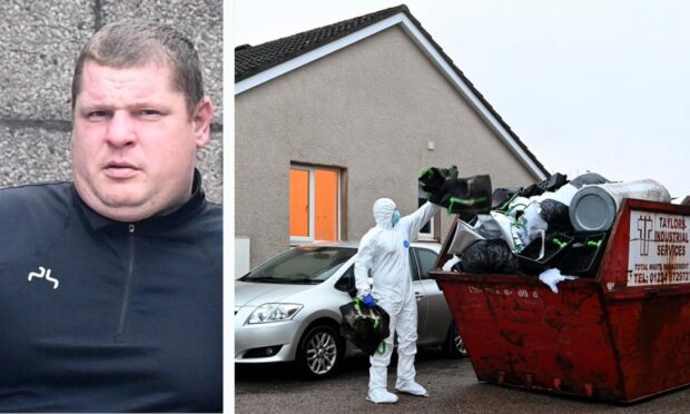 Vytautas Dumasius, left, tried to rob a cannabis farm in Aberdeen. Right: Police remove some of the growing equipment from the property in Cove. Image: DC Thomson