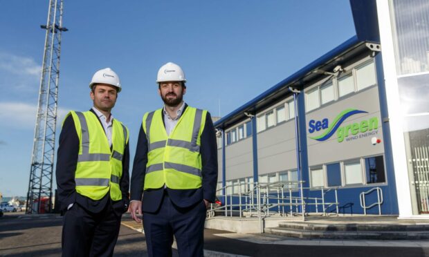 PD&MS chief executive Simon Rio, left, and Thomas Barter, right, head of renewables business development, outside the Seagreen offshore wind farm base at Montrose Port. Image: Big Partnership