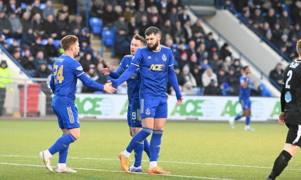Gerry McDonagh celebrates after opening the scoring for Cove Rangers against Dunipace. Image: Paul Glendell/ DC Thomson.