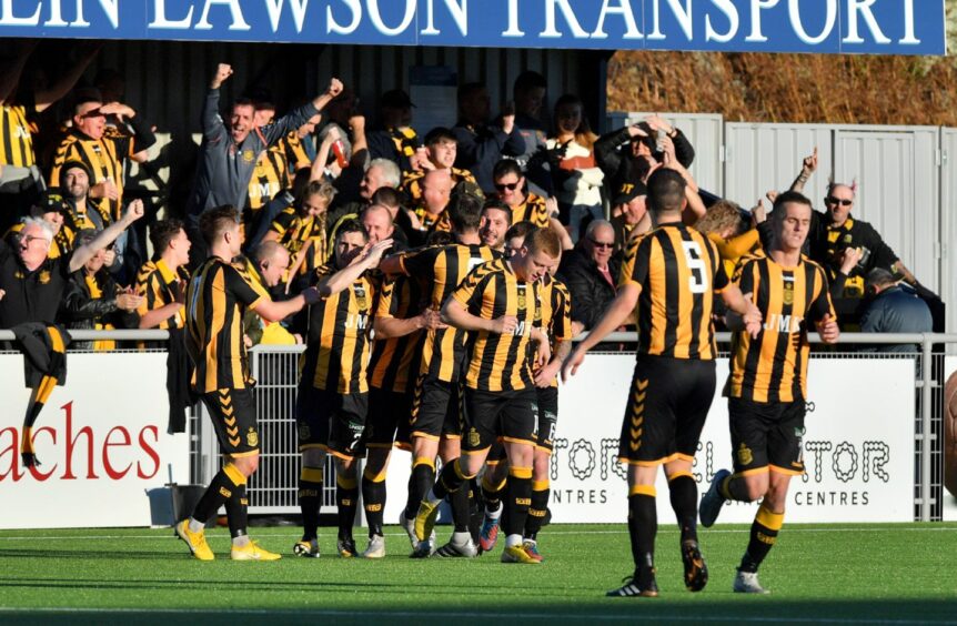 Auchinleck Talbot celebrate scoring against Cove Rangers in the Scottish Cup in 2018. Image: Kami Thomson/DC Thomson