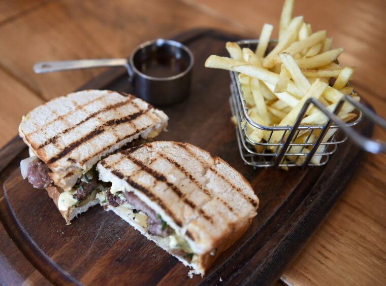 a steak sandwich and chips in Prime restaurant in inverness