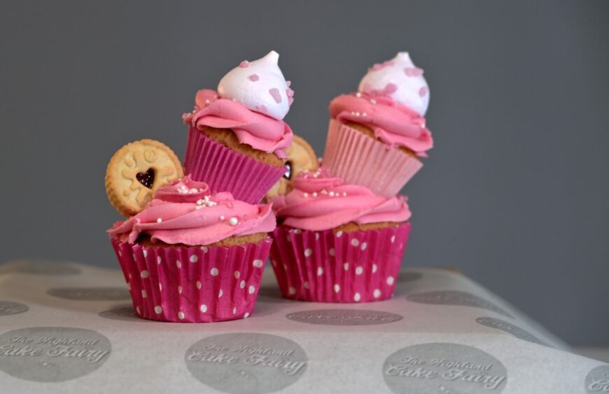 Two pink cupcakes with jammy-dodgers and mini-cupcakes on top