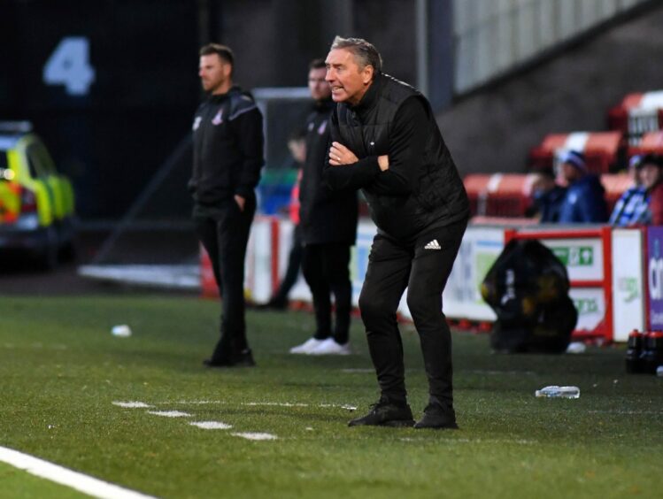 Jim McInally on the touchline against Airdrieonians. Image: Duncan Brown