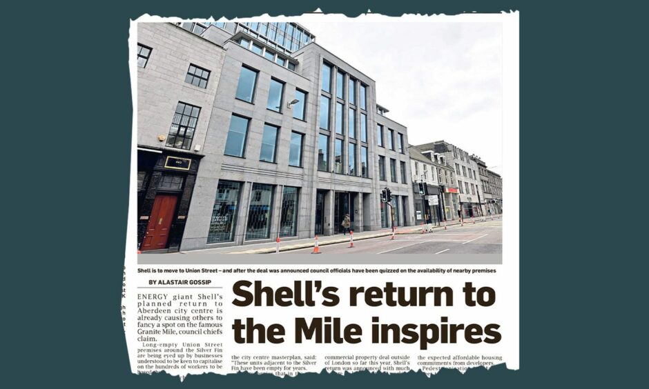 An image of how Shell's move to Union Street was reported on in the Evening Express. The headline reads: Shell's return to the Mile inspires