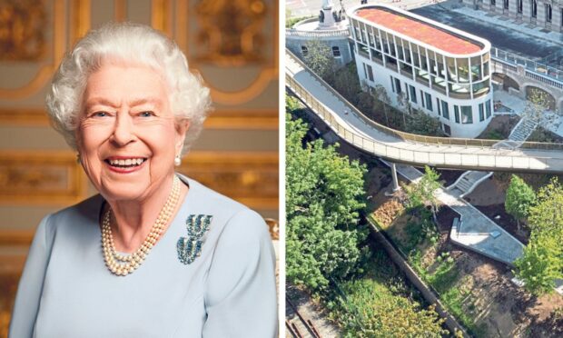 A collage with a portrait of the Queen smiling on the left and Union terrace Gardens bridge pictured from above.