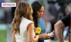 BBC sports presenter and former footballer Alex Scott holds a OneLove armband in her hands, standing pitchside at the Qatar World Cup (Image: Martin Rickett/PA)