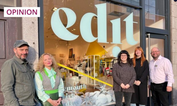 From left to right: Peter Baxter from Deemouth Artist Studios, Sally Reaper, Jo Muir of DAS, Claire Bruce from Look Again, and Craig Stevenson, Centre Manager at Bon Accord (Image: RGU)