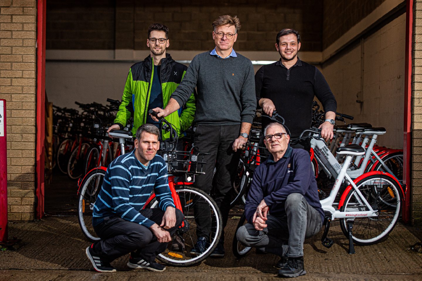 Jan Tore Endresen, centre, and clockwise from bottom left: Adam Gajdosy, Nicolo Silvani, Ayade Aljanabi, and Stuart Aitken who are the first employees of the eBikes venture