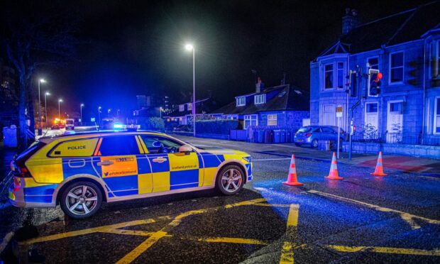 A police car at the scene of the closure. Image: Wullie Marr / DC Thomson.