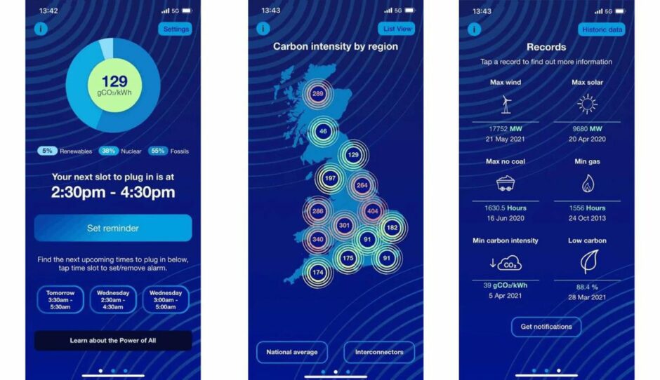 screenshots from the When to plug in EV app for drivers in the UK