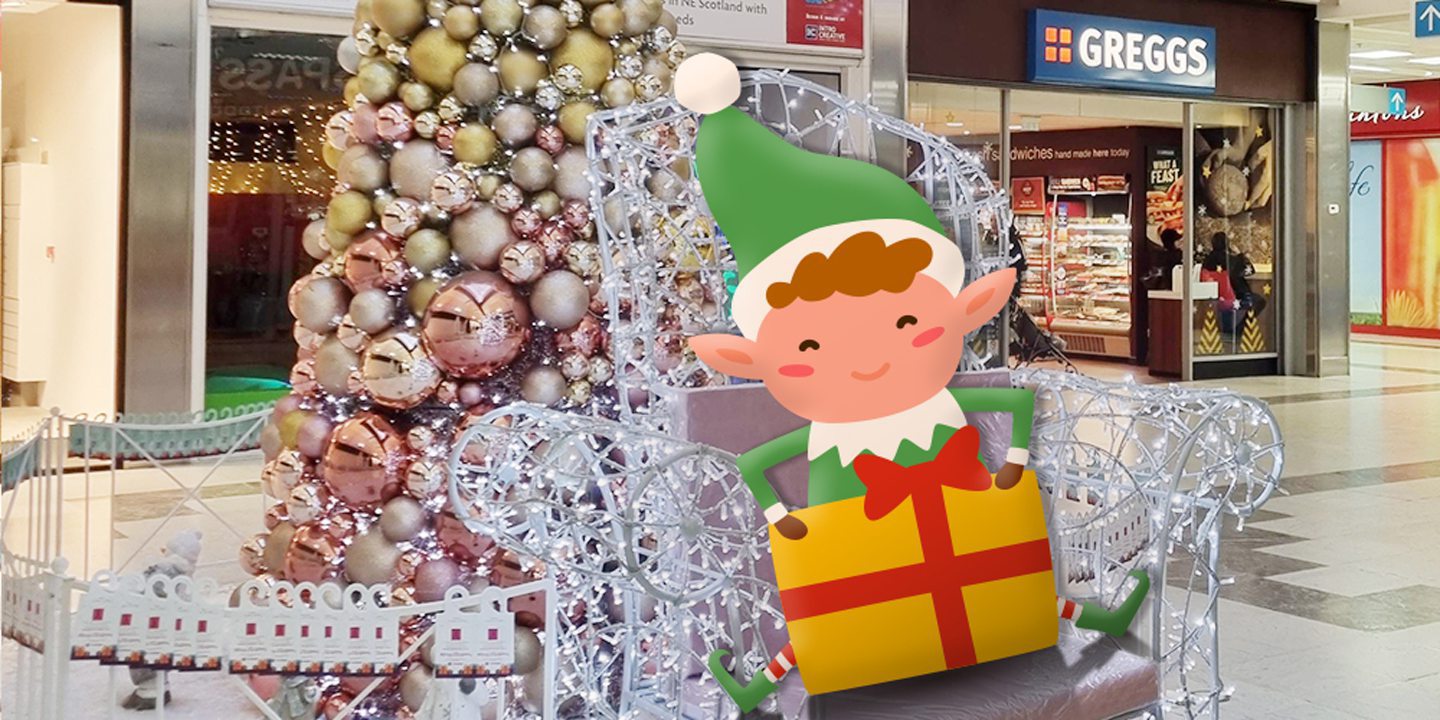 Cartoon elf enjoying Trinity Centre in Aberdeen's Christmas decorations