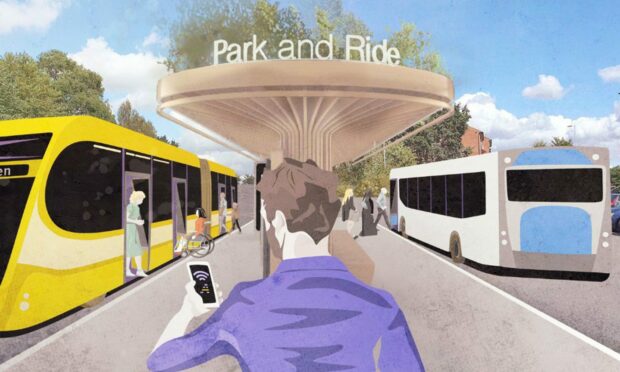 An artist's impression of one of the stops for the proposed Aberdeen Rapid Transit plan, with a specialist tram-like vehicle on the left, and a regular bus on the right. Image: Nestrans.