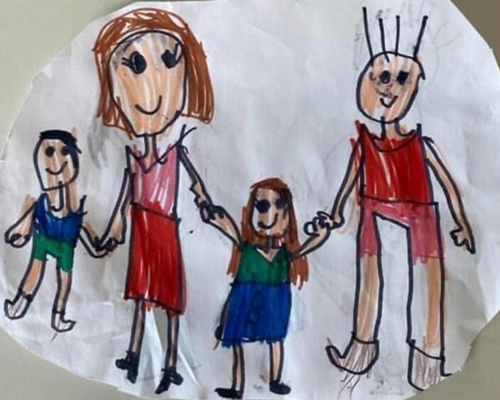 Image drawn by daughter Olivia Ross depicting the family of four: Harris, Tanya, Olivia and Allan
