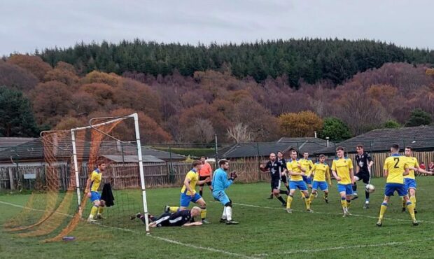 Goalmouth action from Inverness Athletic's 2-1 home defeat against Orkney. Image: Courtesy of Kevin Waddle