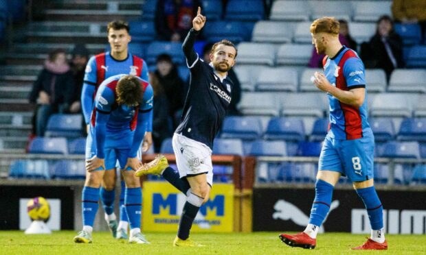 Dundee match-winner Paul McMullan celebrates his goal at Inverness. Images: Craig Williamson/SNS Group