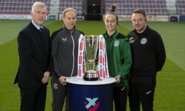 The Sky Sports Cup final will be the first Scottish women's game to be broadcast on Sky. Pictured from L-R: Rangers manager Malky Thomson, Kathryn Hill, Joelle Murray and Hibs manager Dean Gibson. Image: Paul Devlin/SNS.