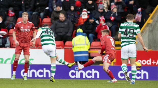 Celtic's Callum McGregor scores to make it 1-0 against Aberdeen in December last year. Image: SNS.