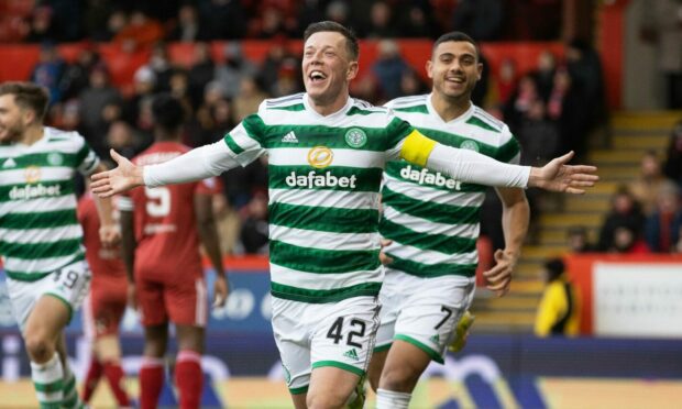 Celtic's Callum McGregor celebrates making it 1-0 against Aberdeen at Pittodrie. Image: Craig Williamson/SNS Group