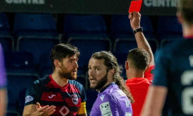 Jack Baldwin is shown a red card against St Johnstone. Image: SNS