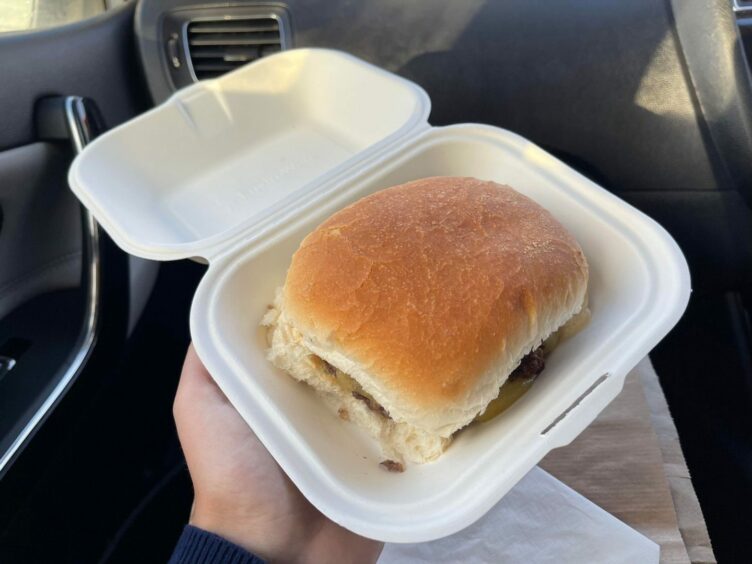 The McSkoff burger in a to-go container