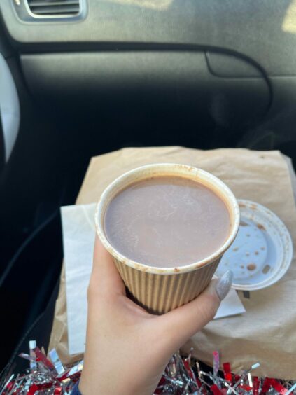 A hot chocolate from the Dyce food truck, no marshmallows or cream