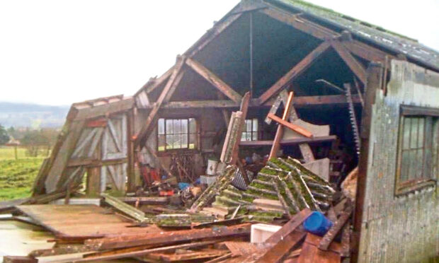 Storm damage at shed at Whim Farm, Lamancha, By West Linton, Peeblesshire. Image: Struan Nimmo