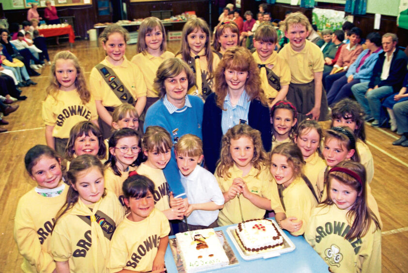 A group of brownies gathered around two cakes