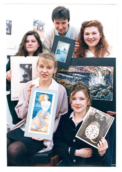 1992 - Morag Ramsay, Hazel Cowan, Lorna Reith, Virginia Williamson and Pamela Philip of Gray's School of Art with their work which was selected for the Atlantic Power and Gas calendar. 