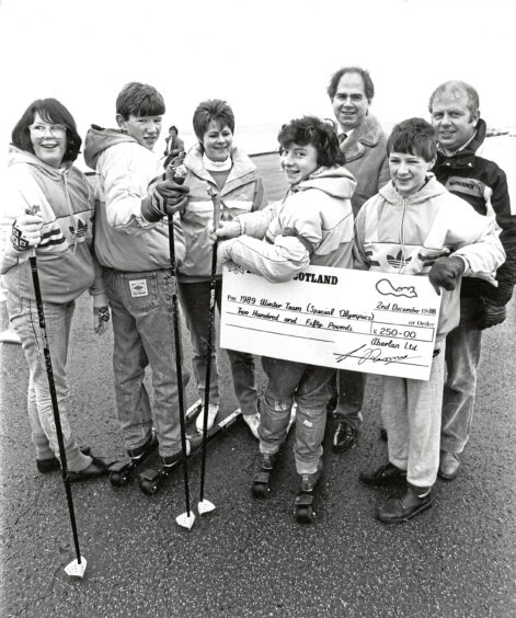 1988 - Four north-east members of the British Special Olympics team receiving a cheque from Aberlan Mud Related Services were, from left, Louise Simpson, David Skene, Pauline Canale and reserve, Paul Strang.