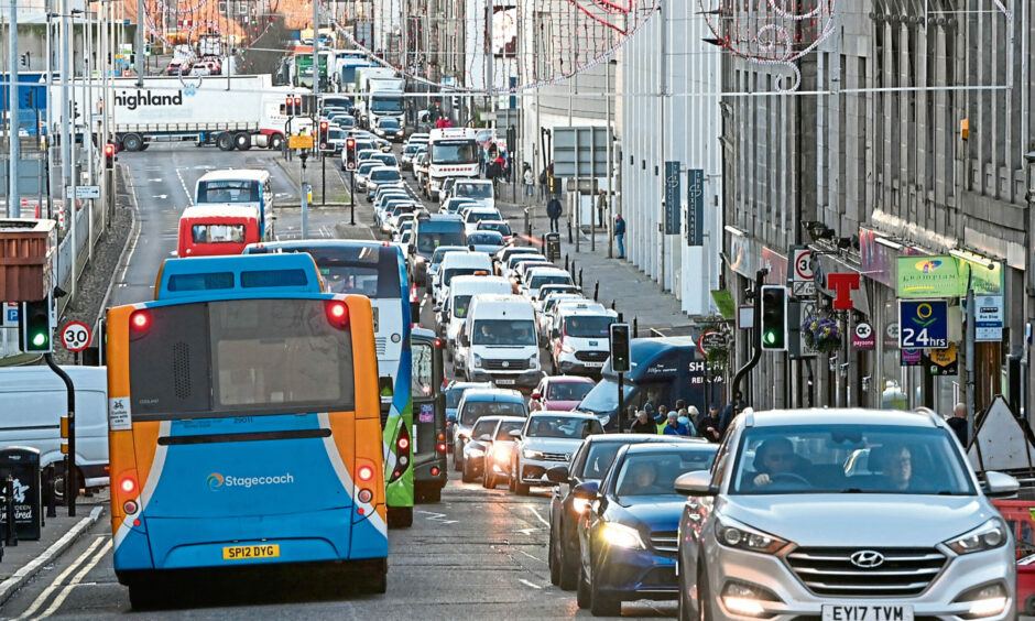 Congestion in Aberdeen city centre, which the new bus gates aim to reduce.
