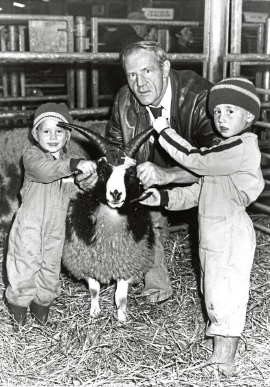 1992 - Robert Adam gets help holding onto a Jacob tup lamb from Henry and George Knowles at Thainstone Mart.