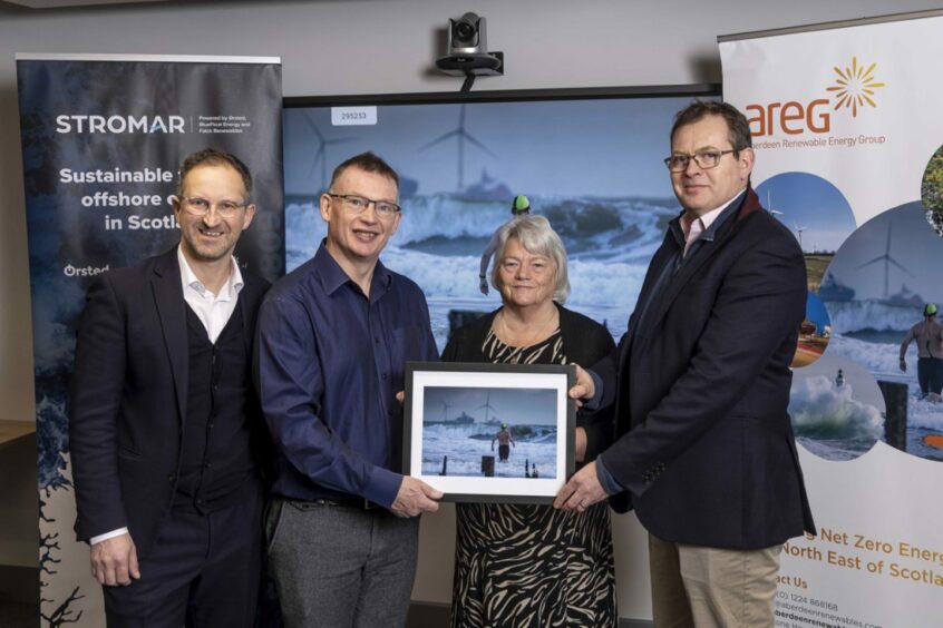 Left to right Nicholas Ritchie, Stromar project director, Tom Forbes, AREG chairwoman Jean Morrison, Richard Dibley, Falck Renewables managing director