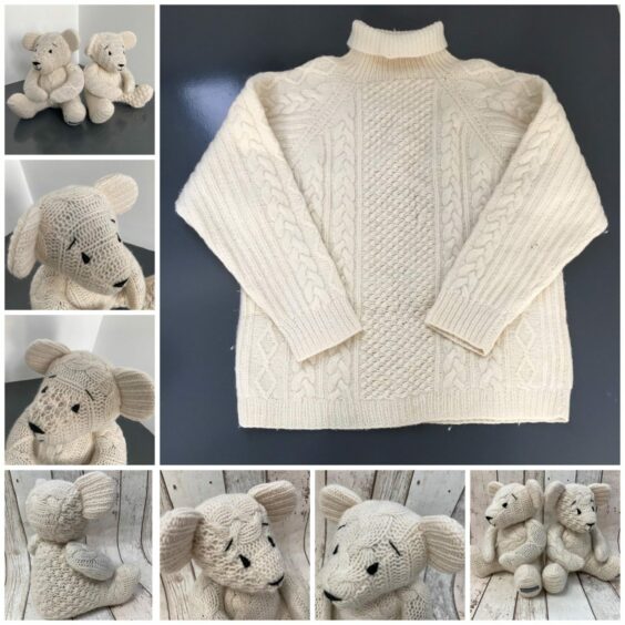 memory bears pictured that came from a cream coloured aran jumper.