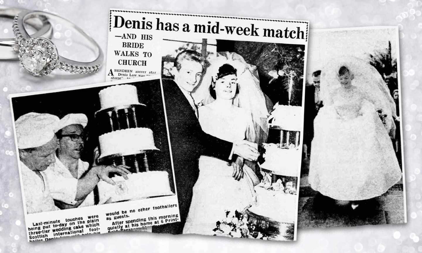 Newspaper articles celebrating Denis Law's wedding.